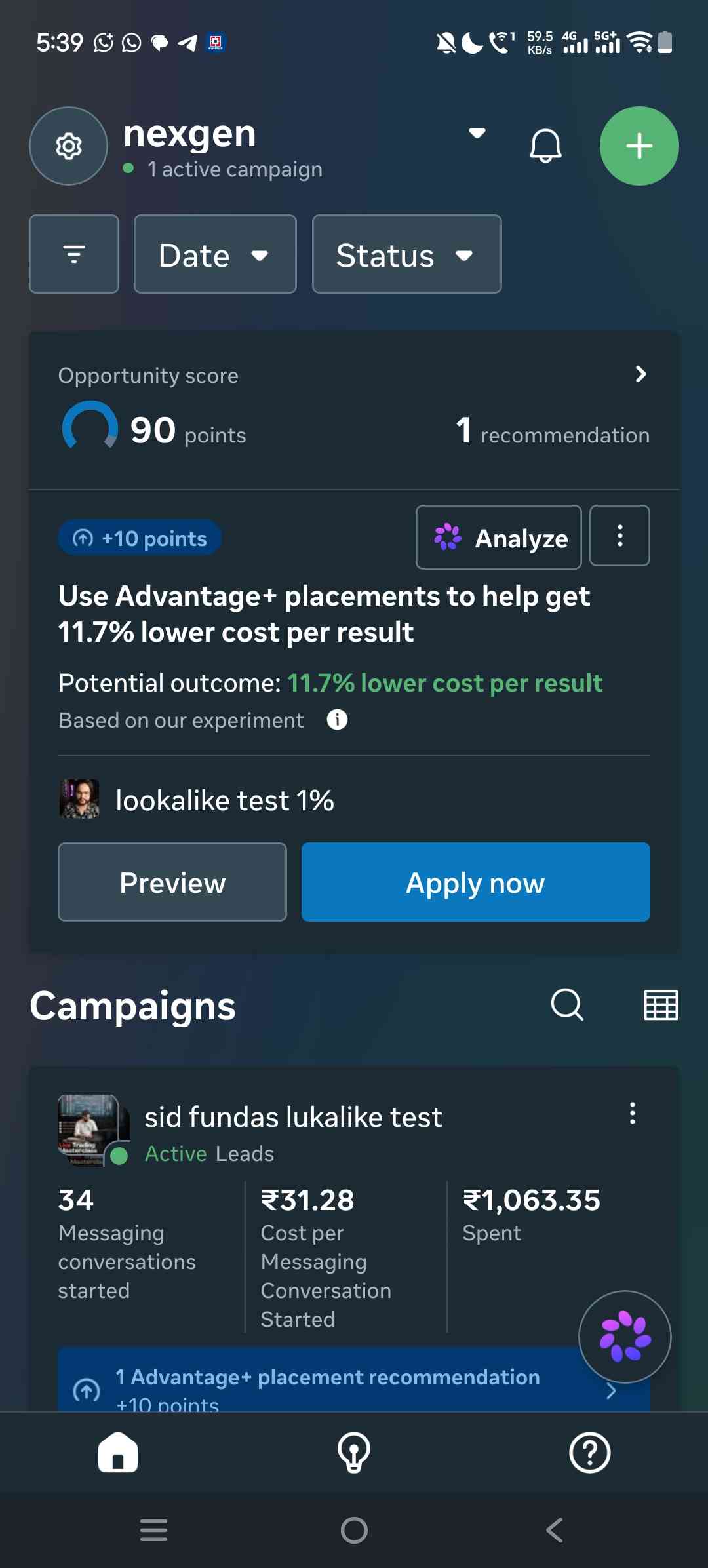 Sumit's Meta Ads screenshot showing 34 messaging conversations, INR 31.28 per conversation and INR 1,063.35 spent