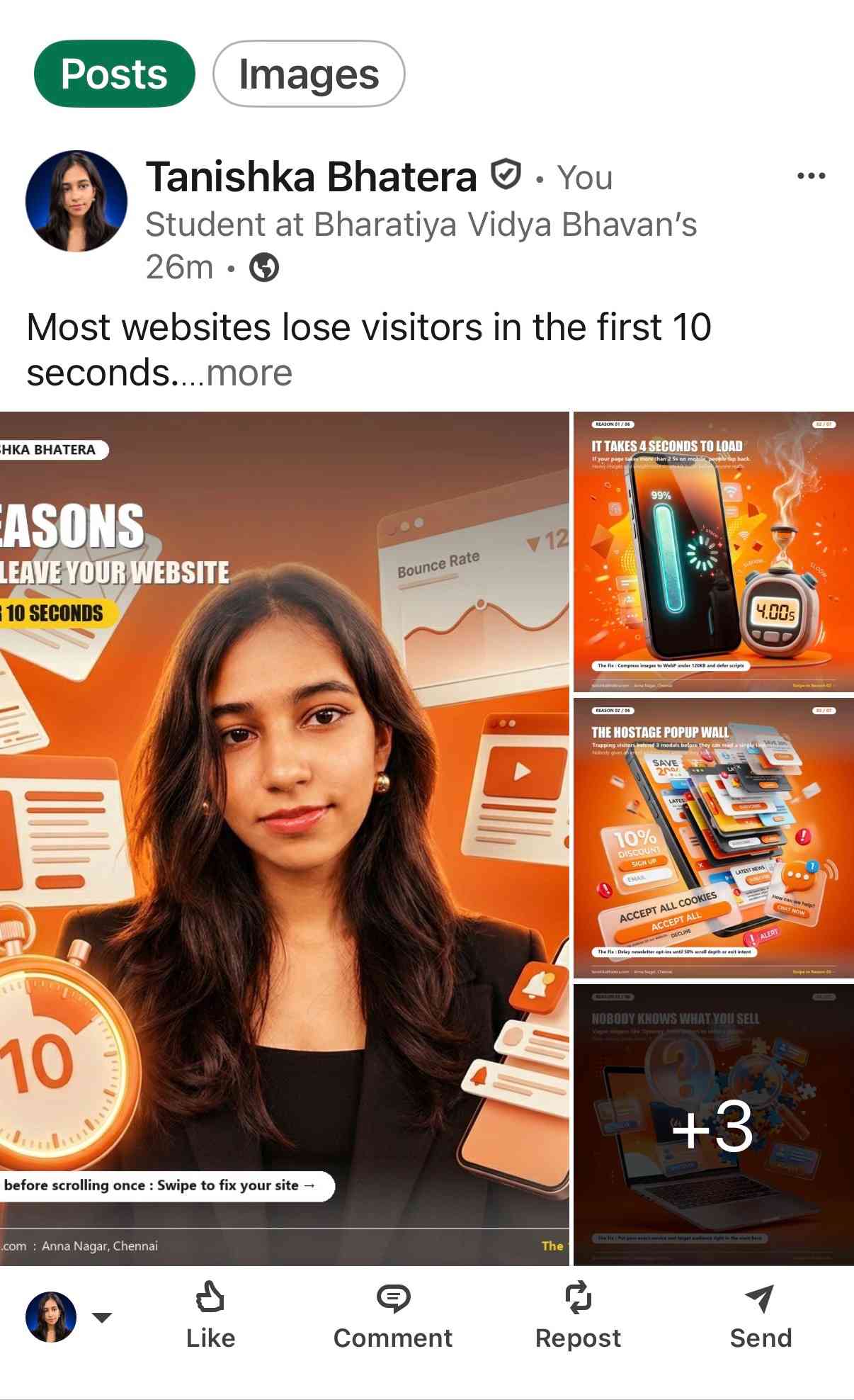 Tanishka Bhatera's published LinkedIn carousel, shared after her automated publishing milestone in Batch 75 and 76