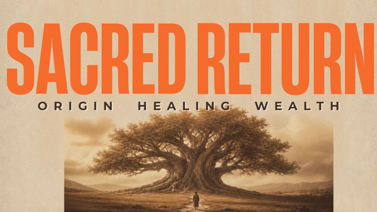 Sacred Return artwork showing a lone figure approaching an immense ancient Tree of Life