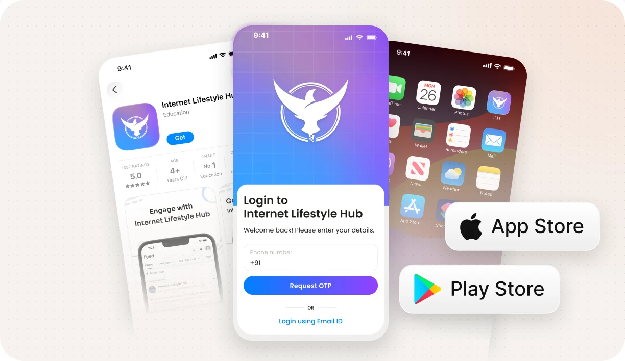 A creator's branded app on phones, on the App Store and Play Store