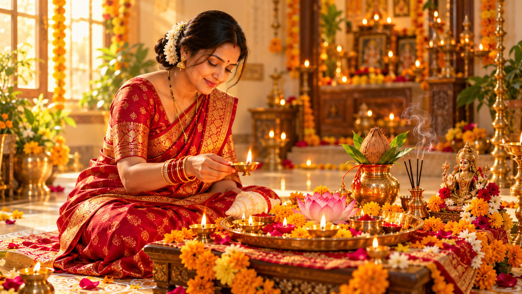 Woman performing Lakshmi Pujan — Diwali Prosperity Workshop