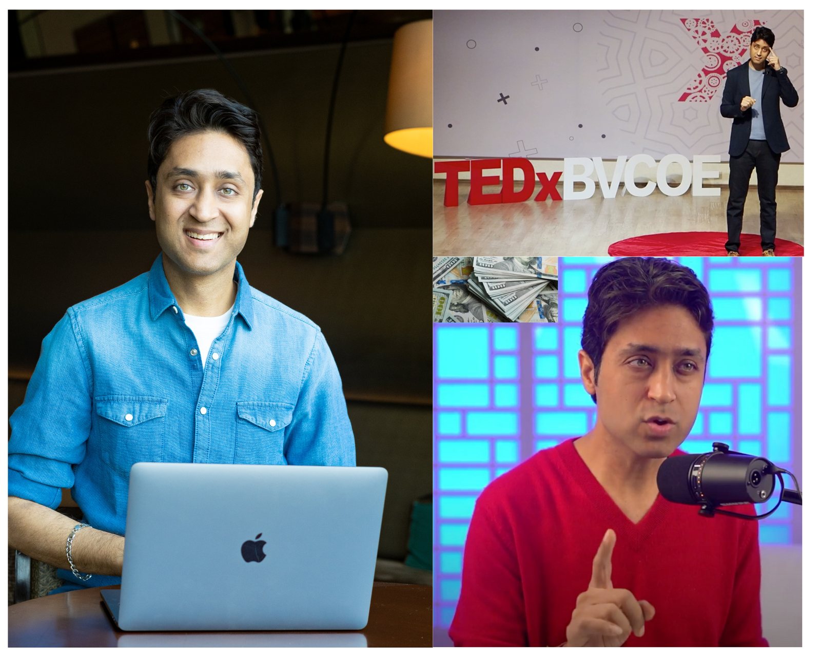 Shirish Gupta at work, on the TEDx stage and recording